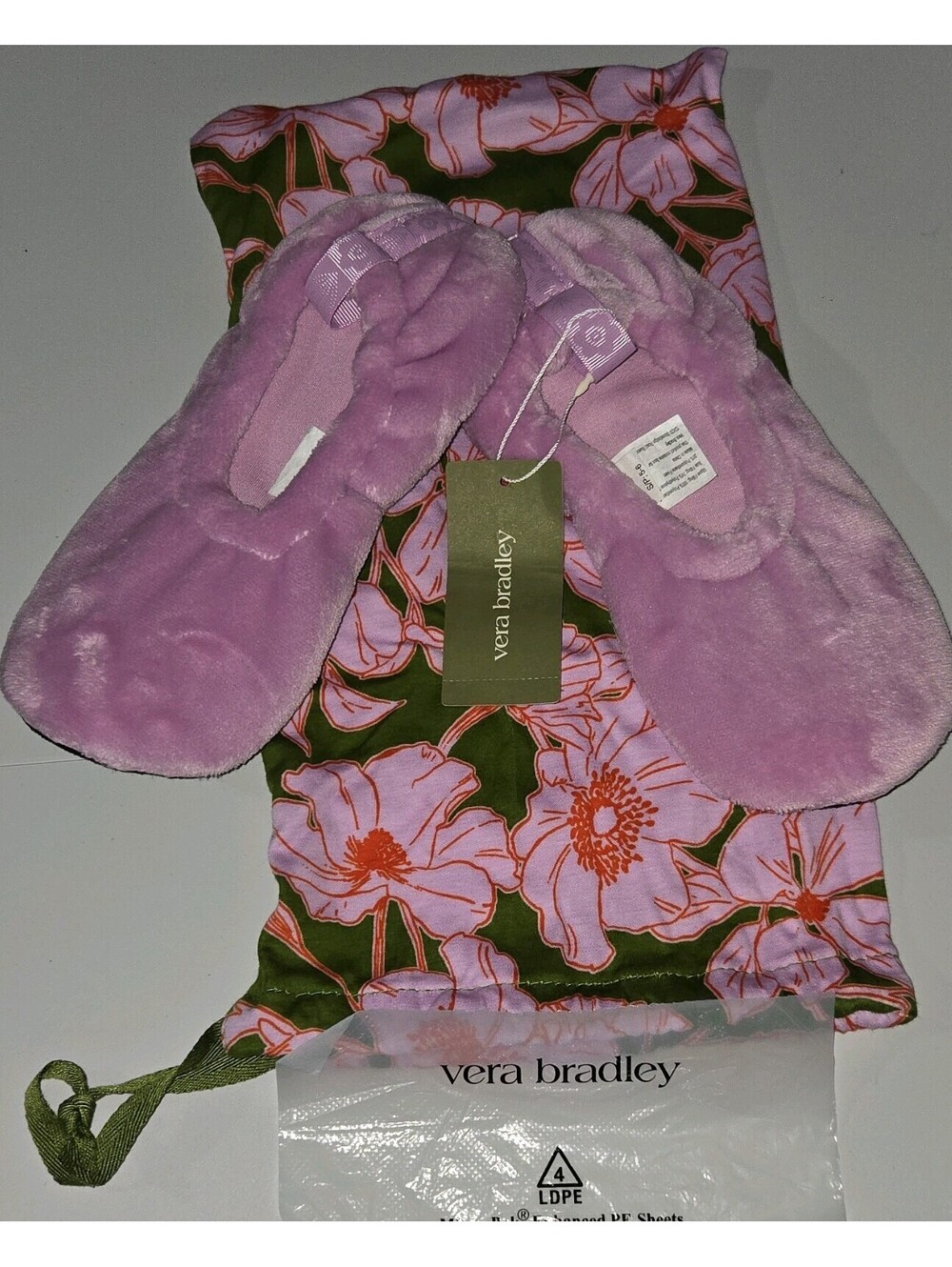 Vera Bradley Travel Slippers Orchid Bouquet Purple 5-6 Non-Slip Faux Fur